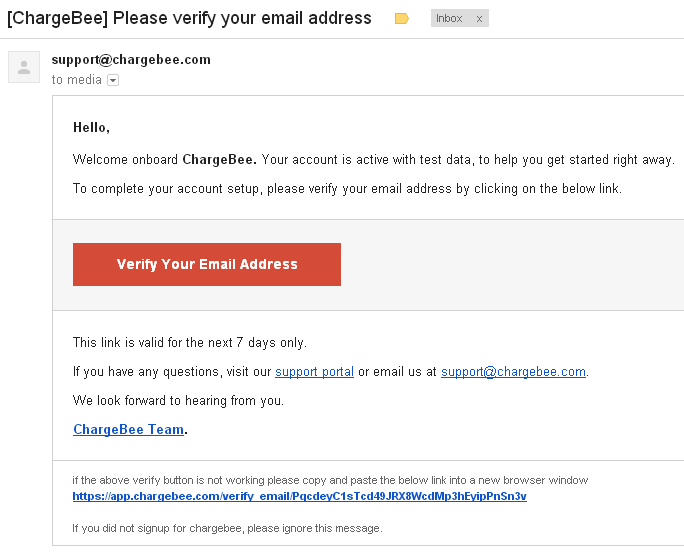 ChargeBee email verification - Link active for 7 days for verification