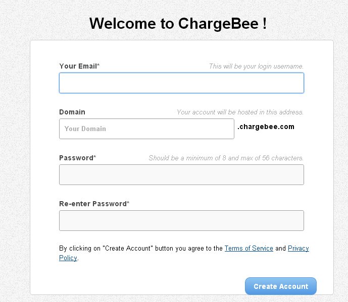 chargebee signup screen