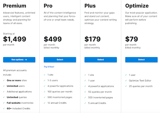 Screenshot of MarketMuse Pricing Page