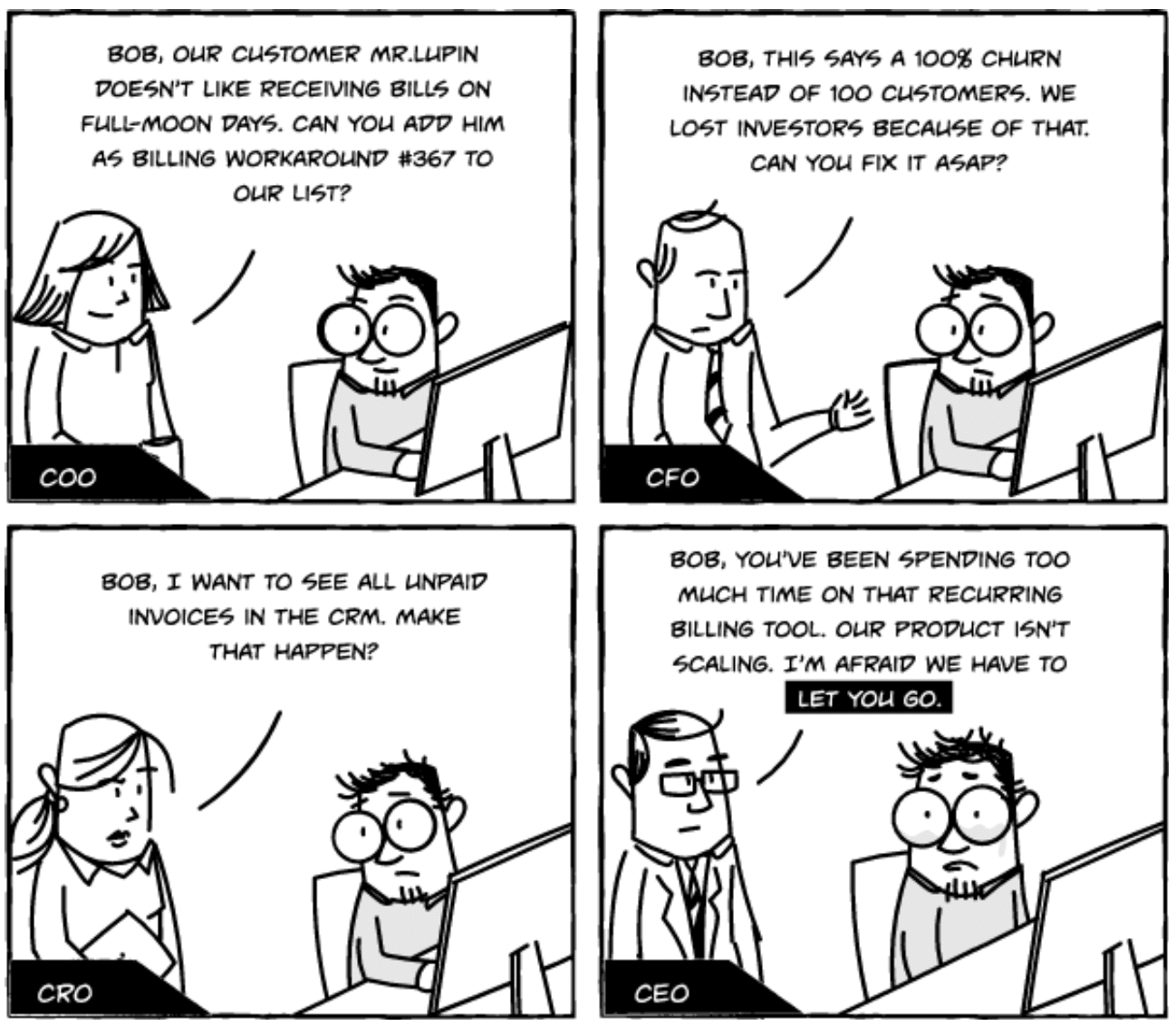 Comic Strip on the pains of building your own billing system