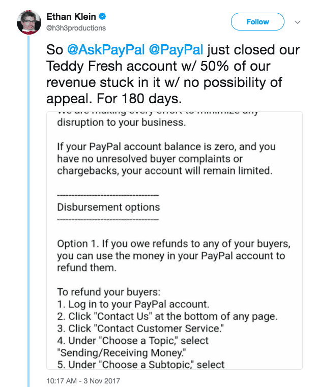 PayPal customer's complaint on Twitter