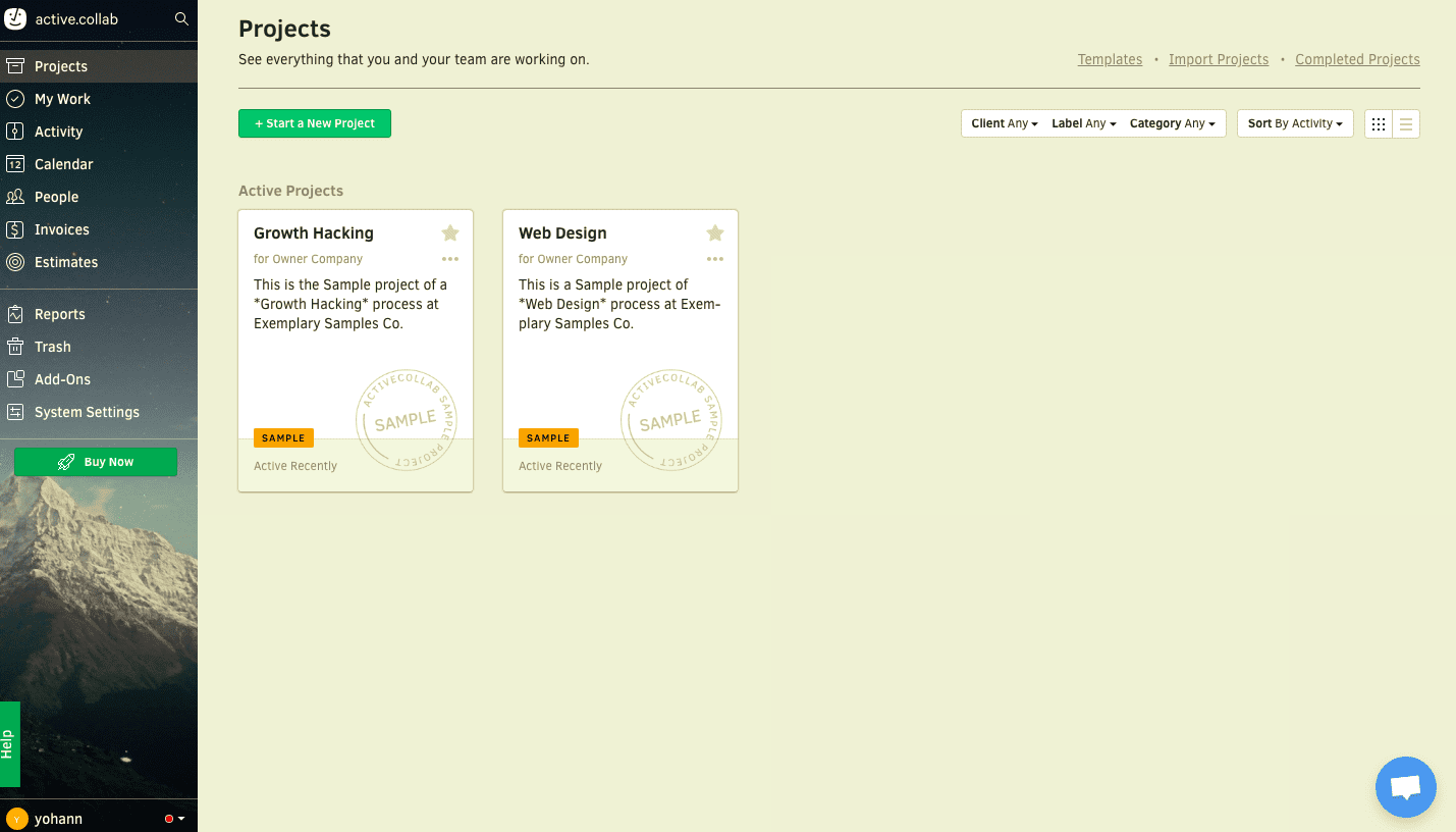 user onboarding home screen in ActiveCollab