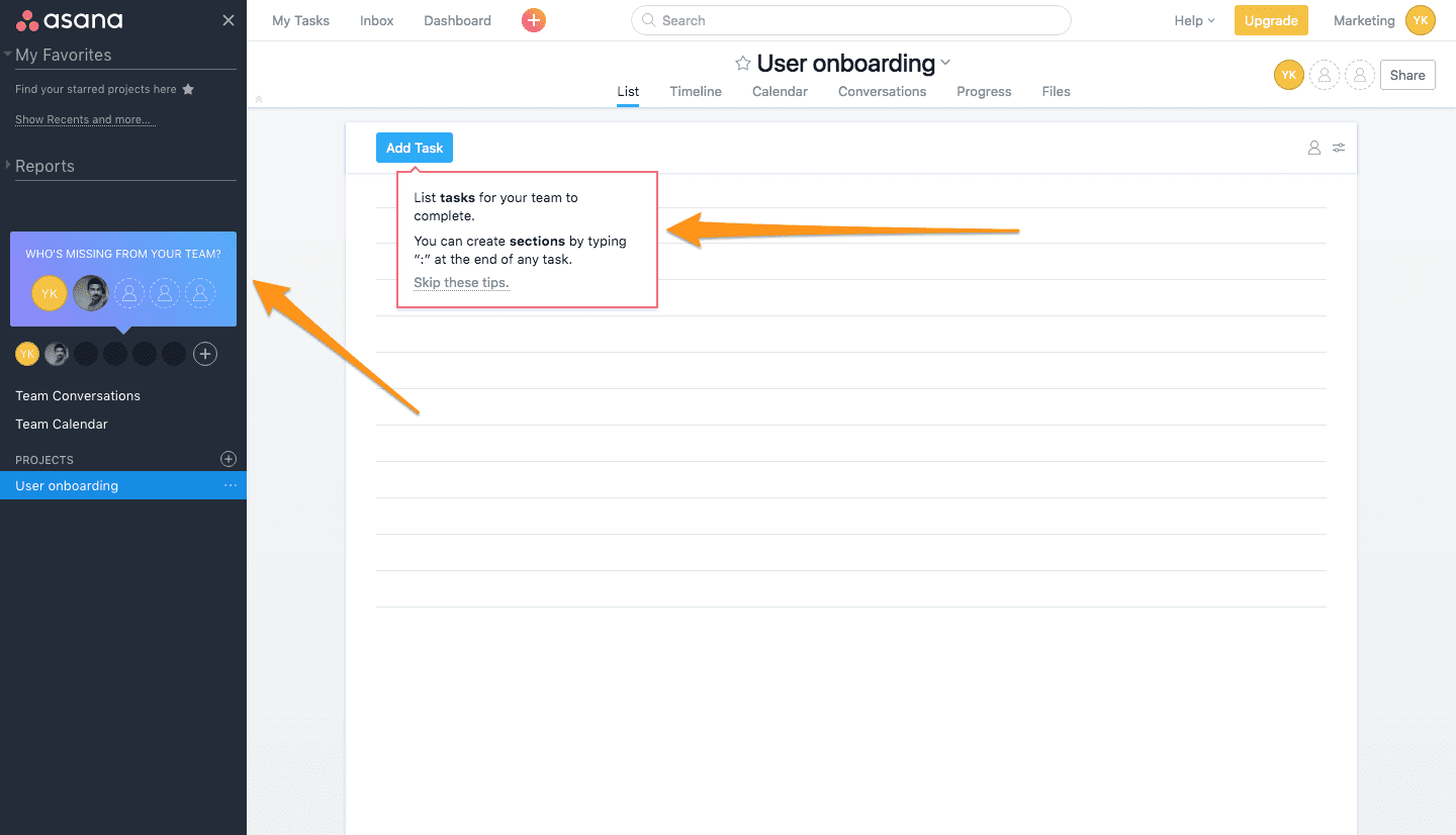 home screen asana user onboarding flow