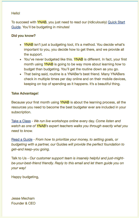 user onboarding email from ynab