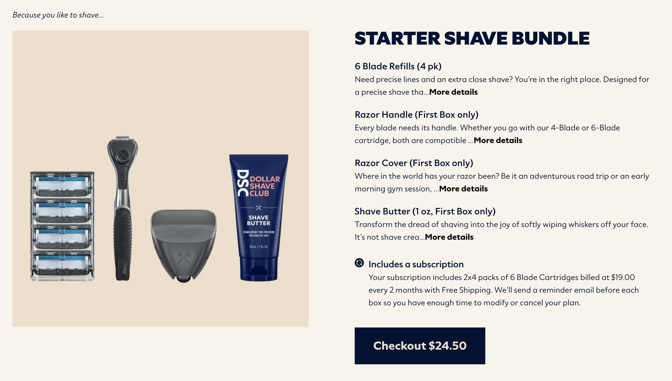 Dollar Shave Club - a replenishment subscription box for men's grooming needs