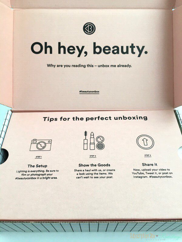 Beautycon subscription box packaging prompts their customers to share the unboxing experience