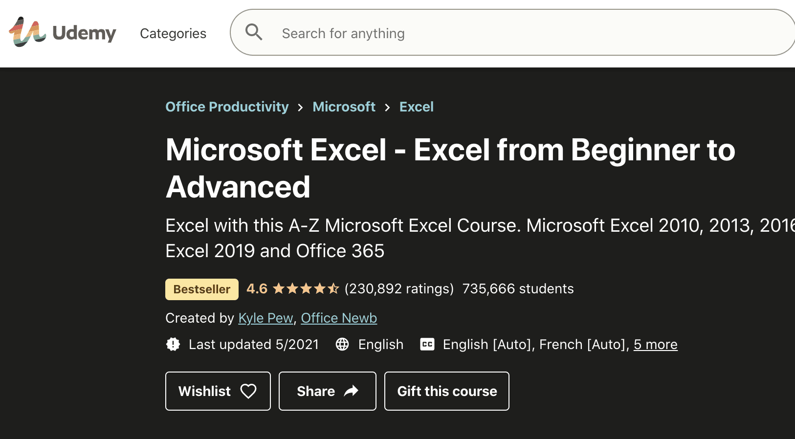 udemy microsoft excel