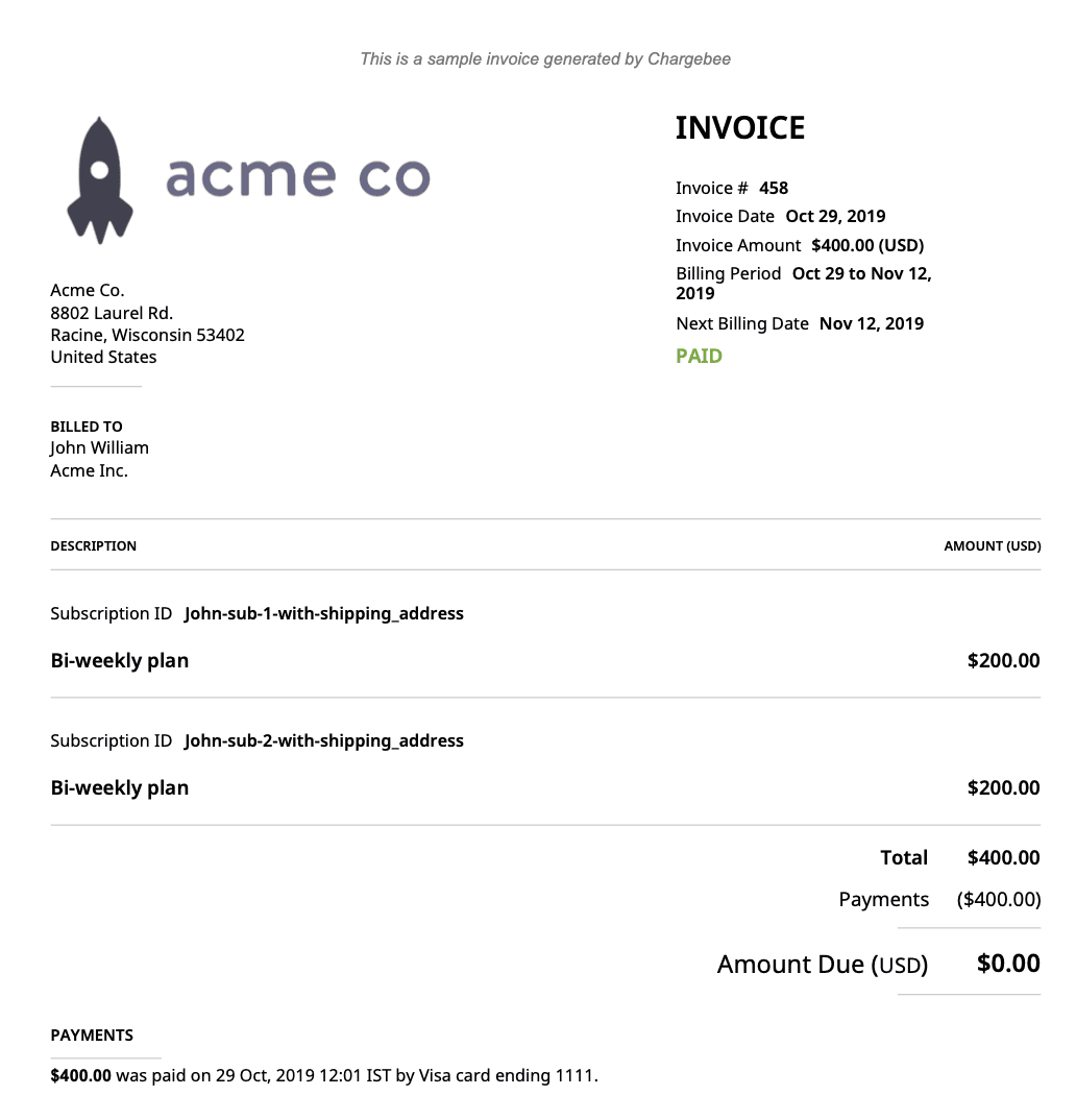 Chargebee sample invoice