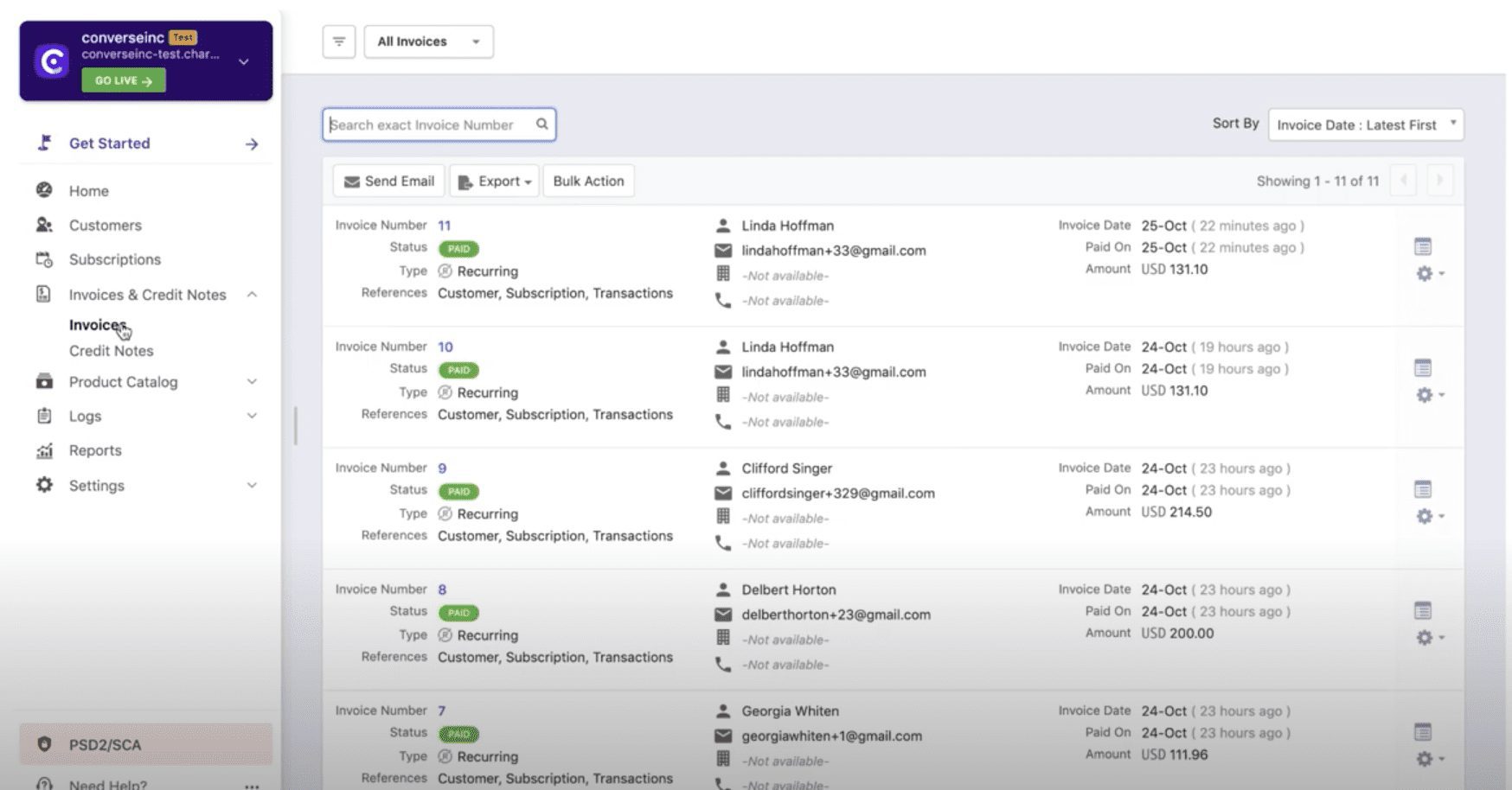 Chargebee site - invoice navigation