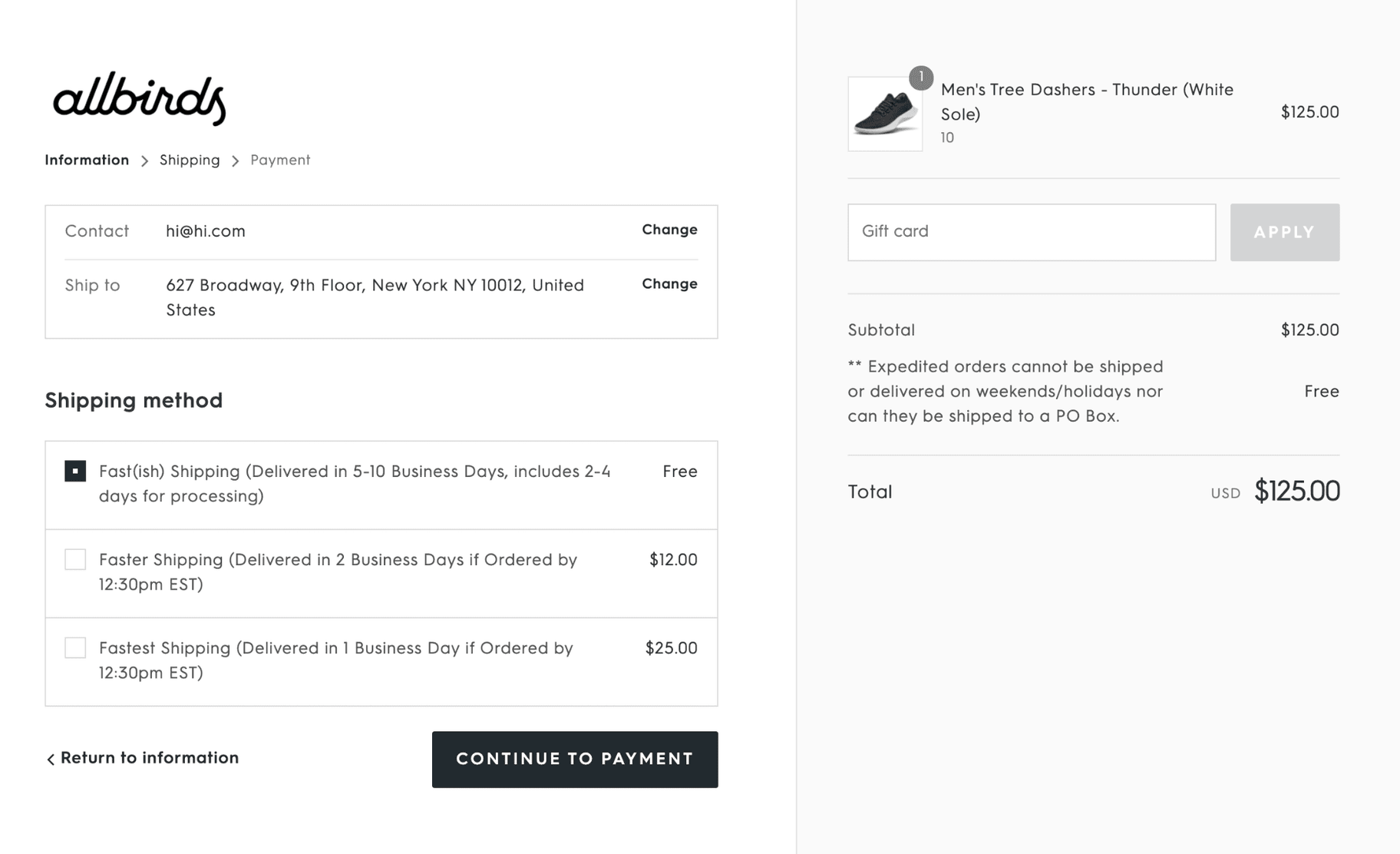 A shipping page at checkout