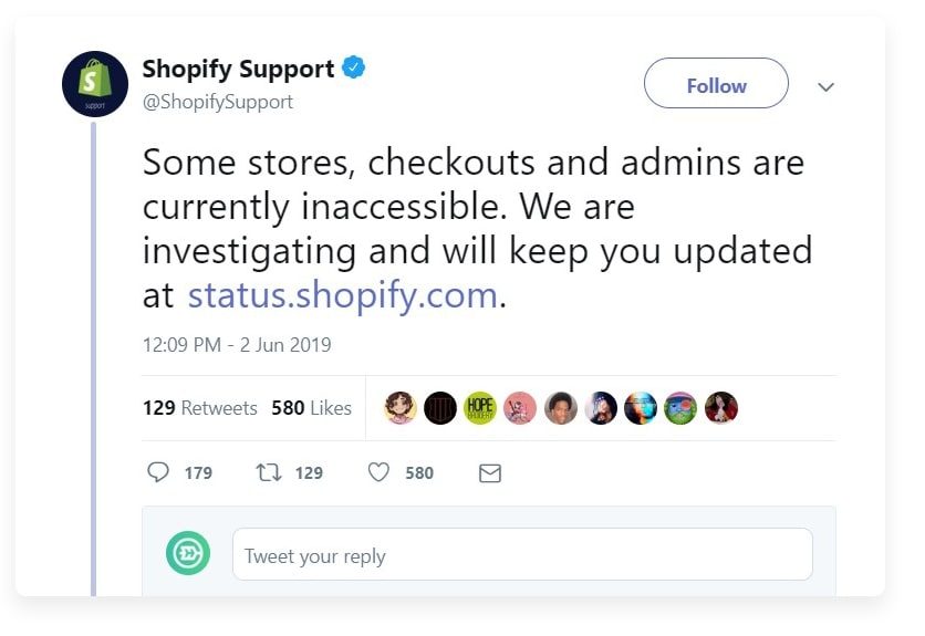 A tweet from Shopify support about an outage A tweet from Shopify support about an outage