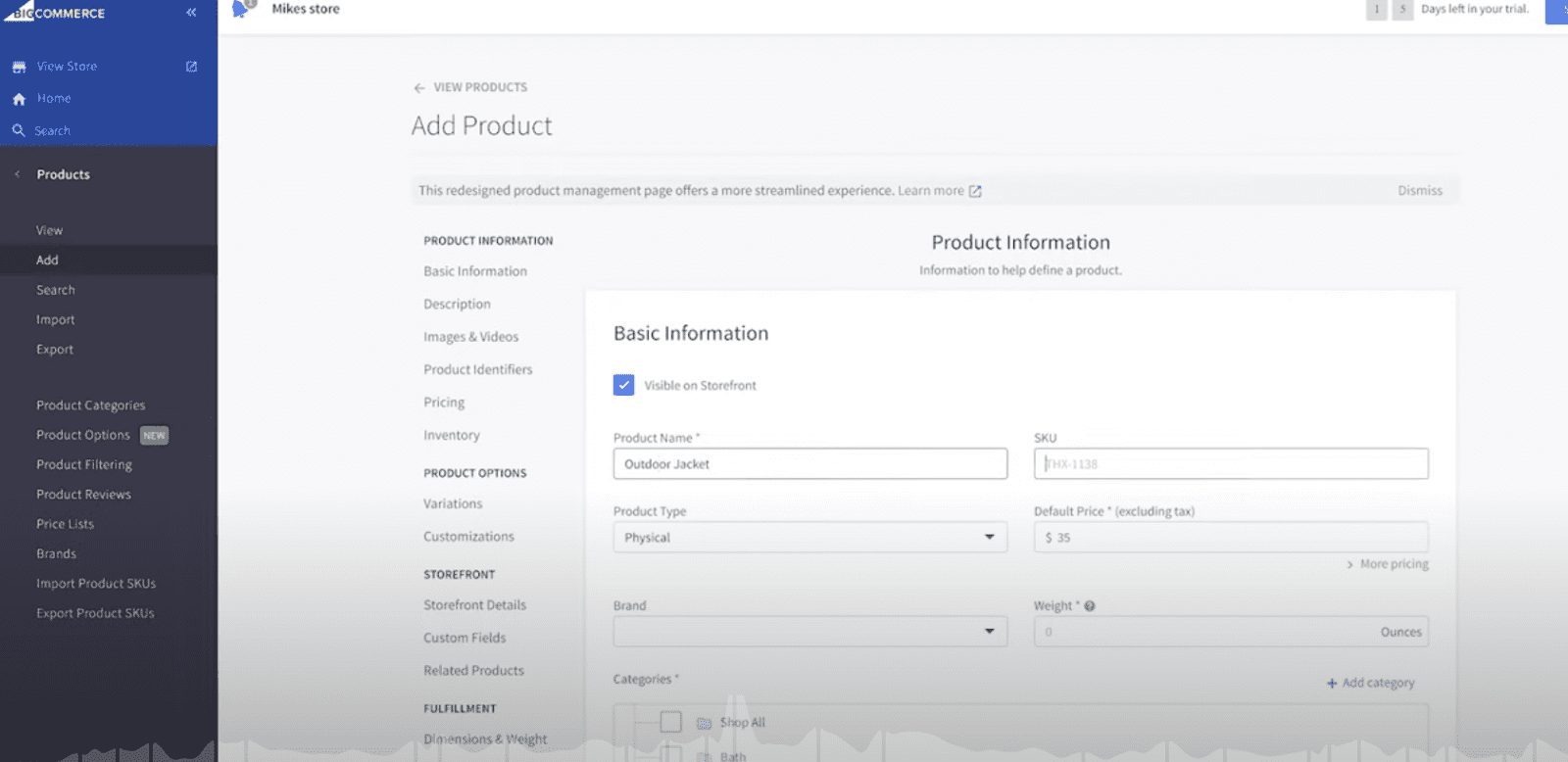 BigCommerce User Interface