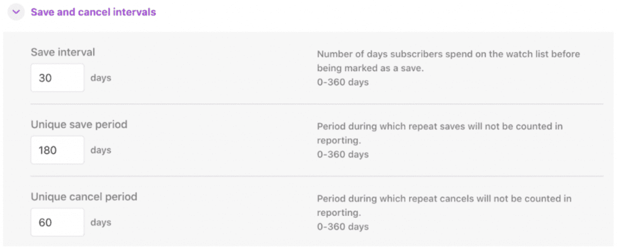 Save and cancel interval settings on Chargebee Retention