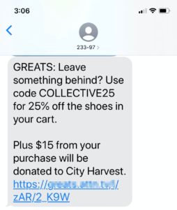 Example of an abandoned cart SMS from an e-commerce brands