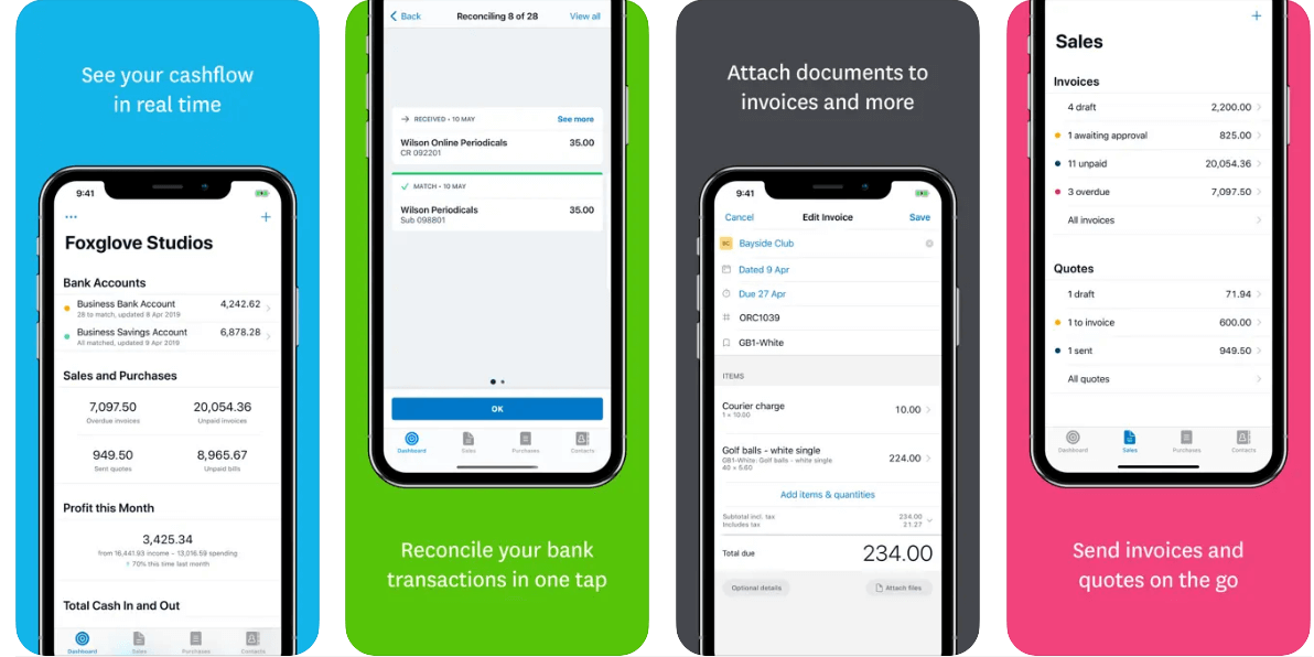 Screenshots of Xero mobile app