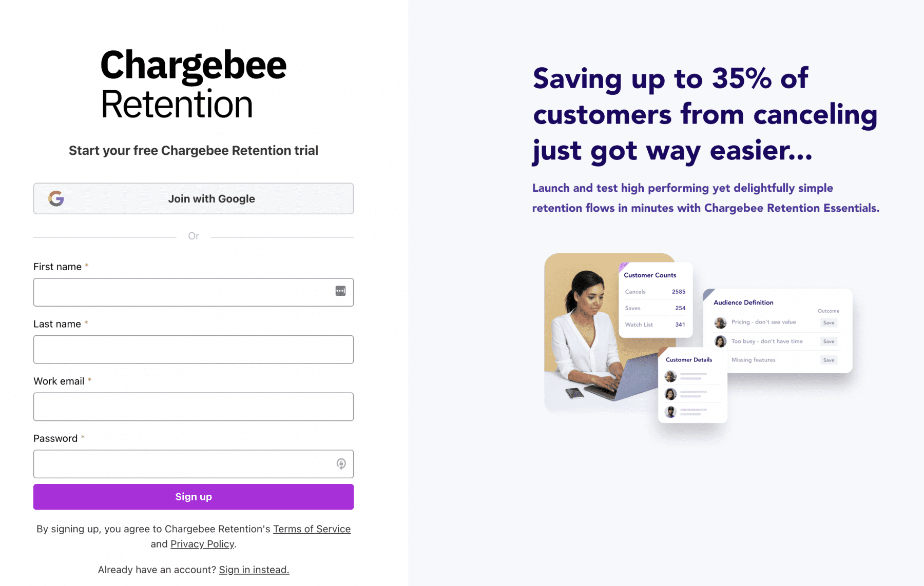 Chargebee Retention Free Trial Page