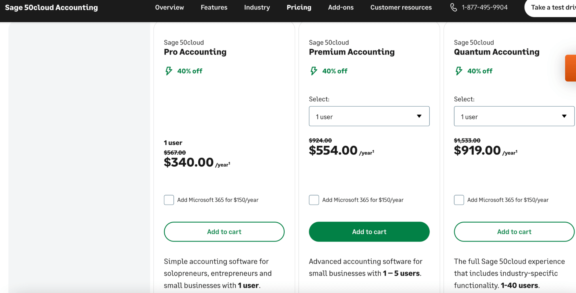 The pricing page for Sage 50cloud