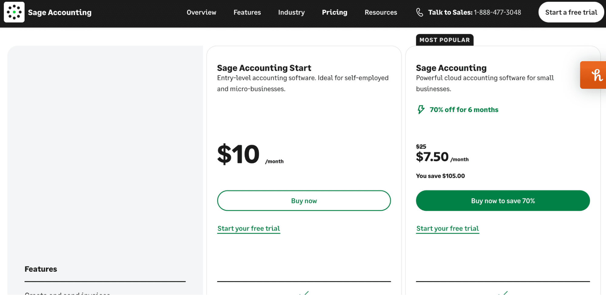 The pricing page for Sage
