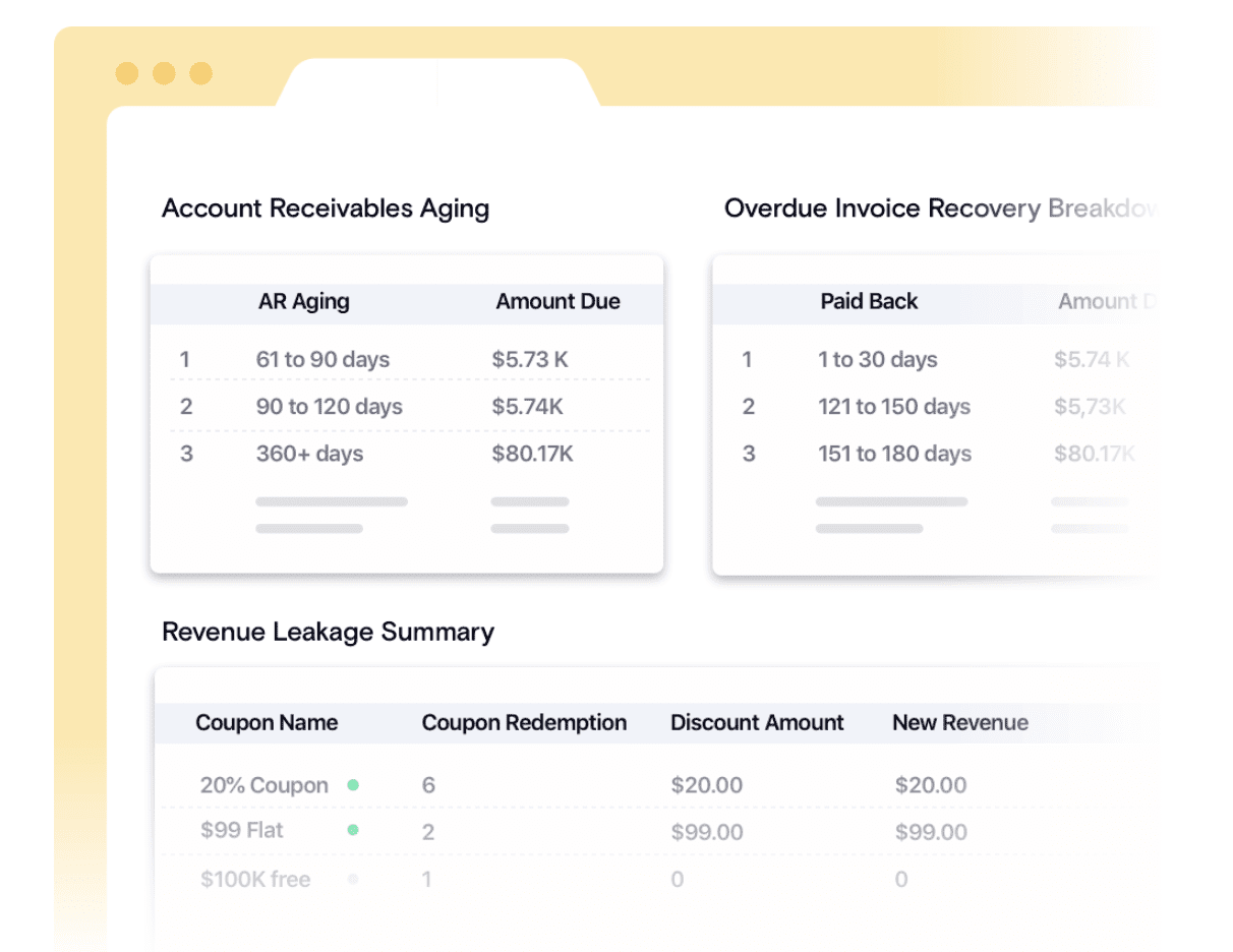 Screenshot of Chargebee platform demonstrating how to divide and manage AR and leakage