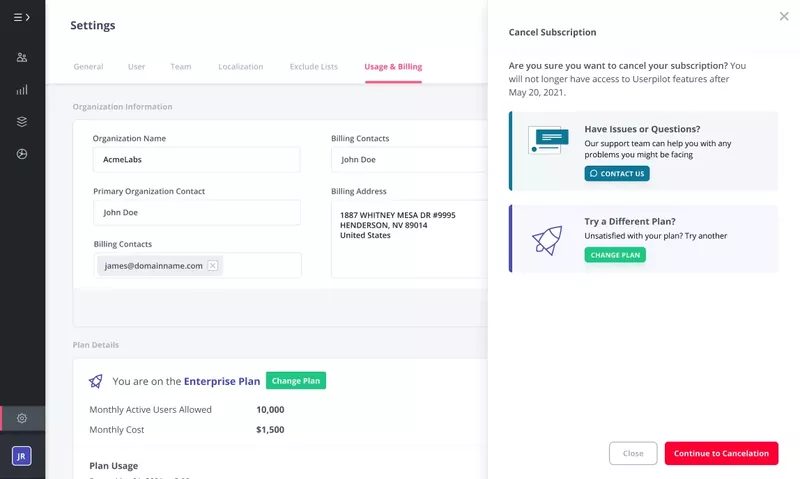 Phone or chat based cancellation flow from userpilot