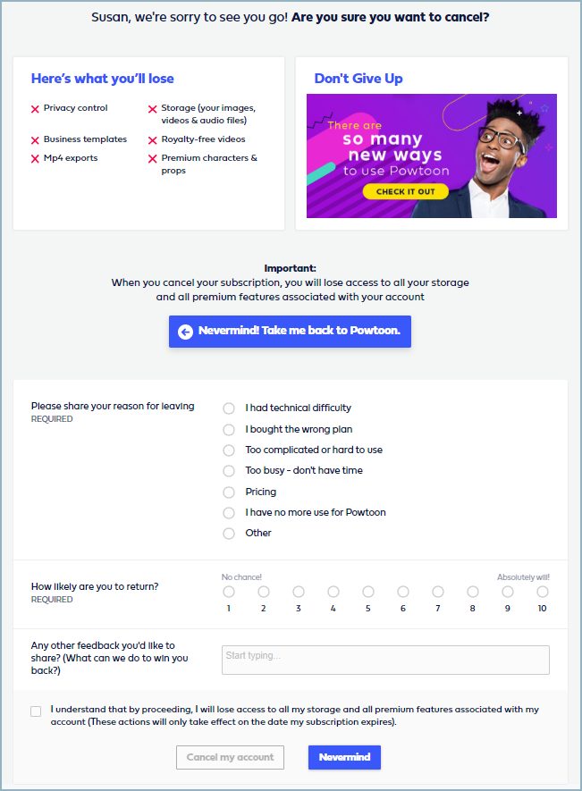 Powtoon's cancellation flow built using Chargebee Retention