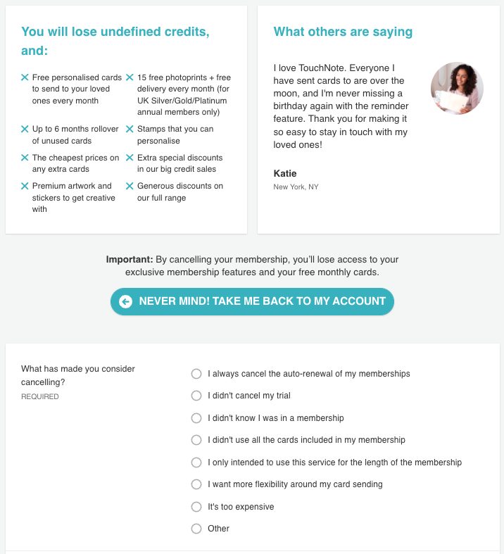 Touchnote's cancellation flow built using Chargebee Retention