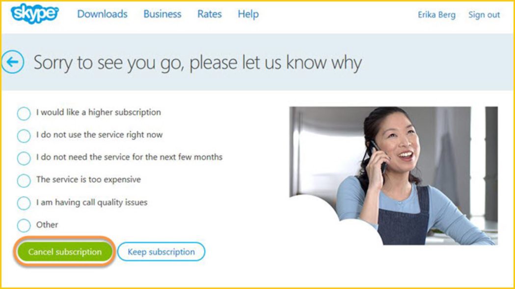 Customer exit survey example for Skype