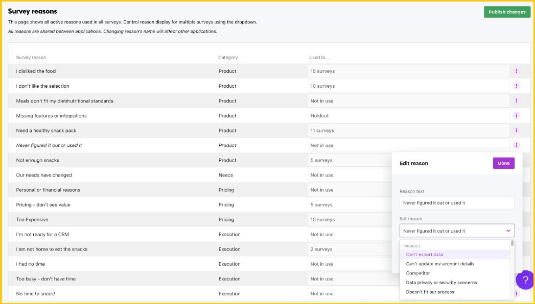 Exit survey reasons in Chargebee Retention