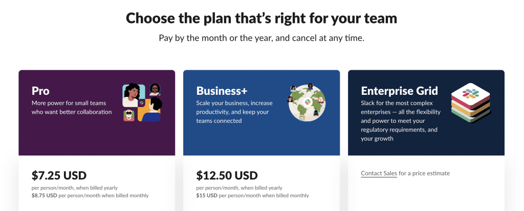 Slack pricing page