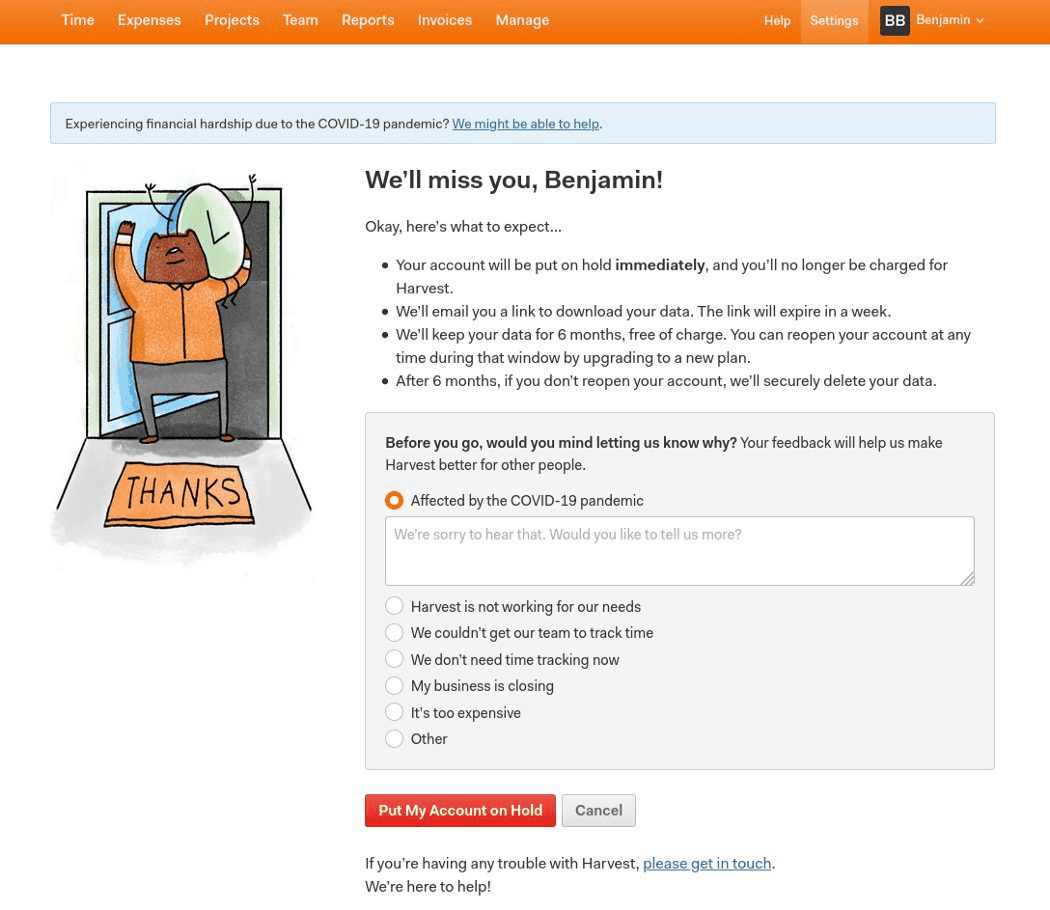 Harvest's cancellation feedback form