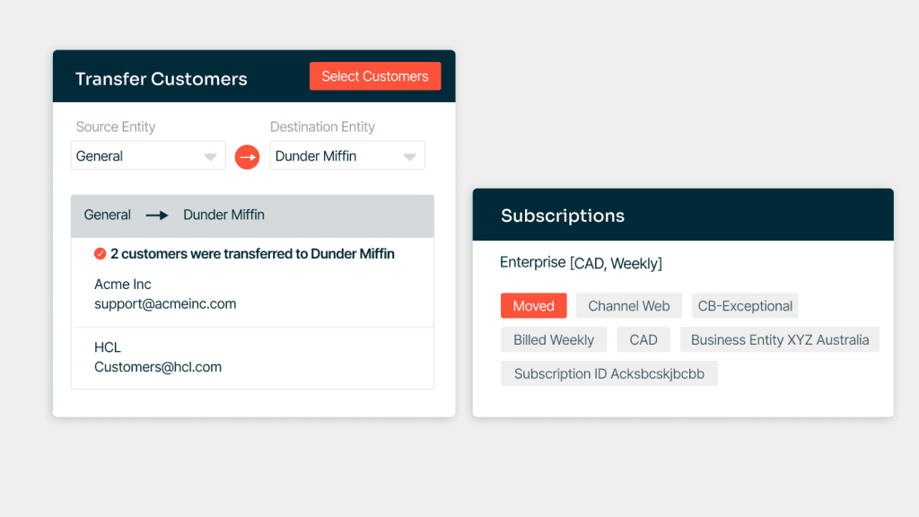 Centralized management of customer data and subscriptions for various business entities.