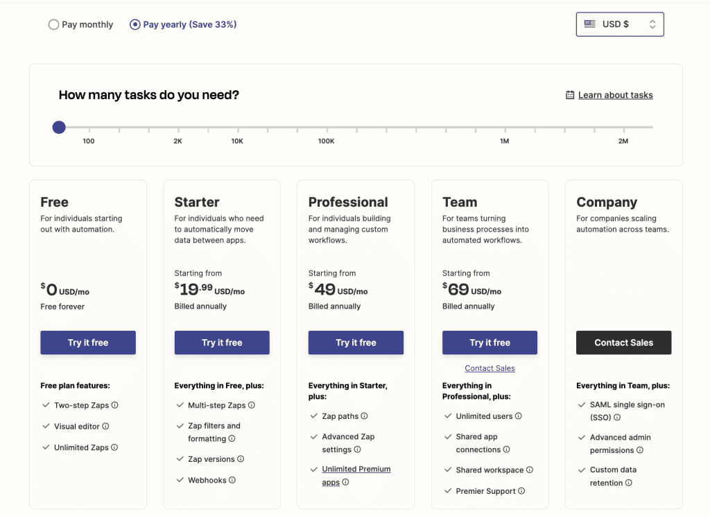 Zap pricing page