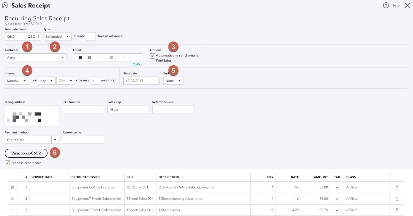 QuickBooks Online recurring sales receipt