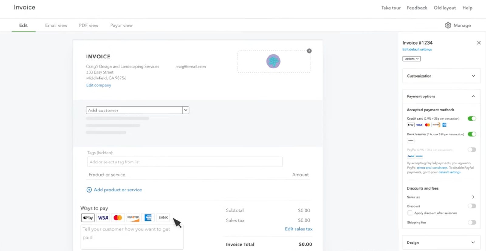 QuickBooks Payments invoice page