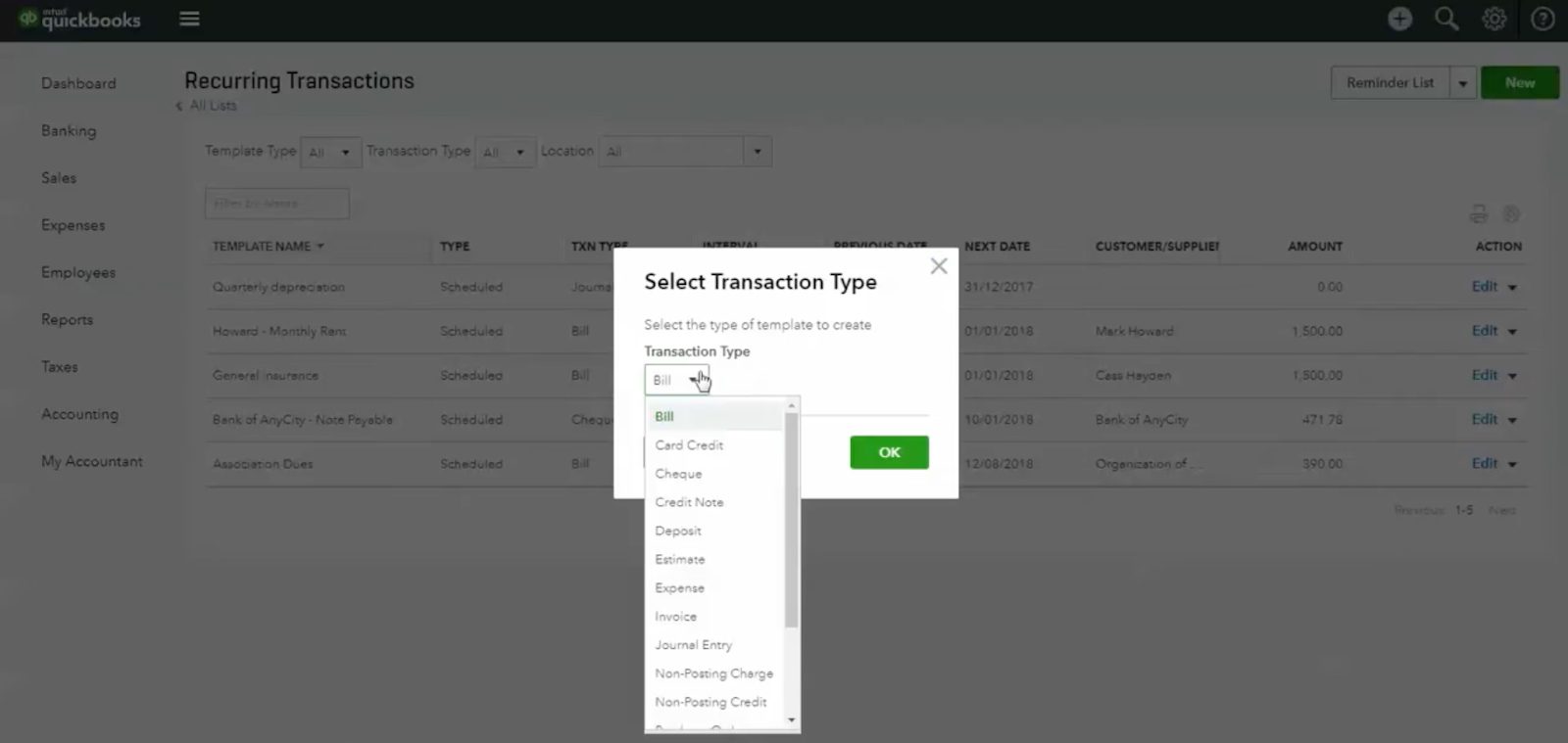 QBO transaction type dropdown list