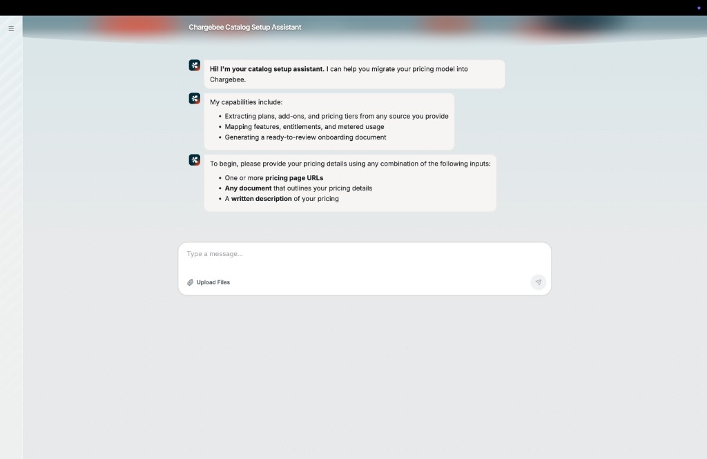 Catalog Setup Assistant greeting with prompt to provide pricing details