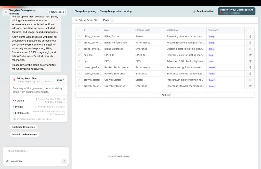 Editable Plans table in the Catalog Setup Assistant workspace