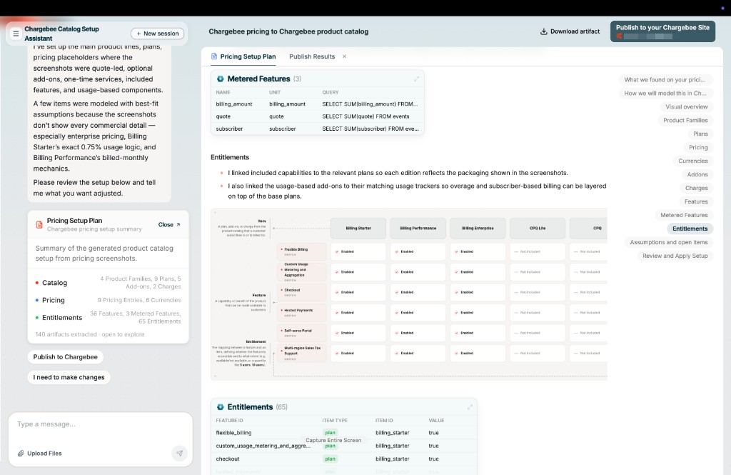 Catalog Setup Assistant workspace showing metered features and entitlements