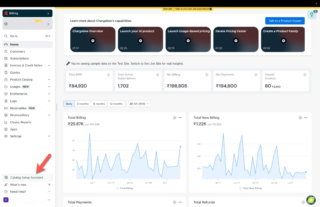 Catalog Setup Assistant in the Chargebee Billing navigation bar