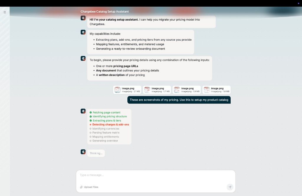 Catalog Setup Assistant processing pricing screenshots with step-by-step status