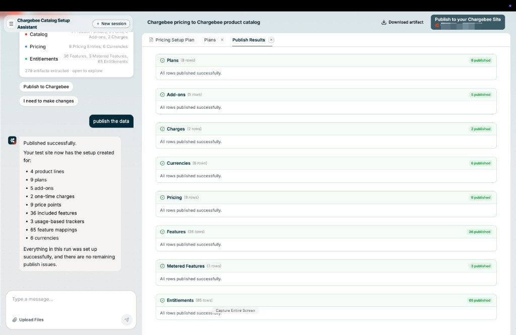 Publish Results tab showing successfully published catalog entities