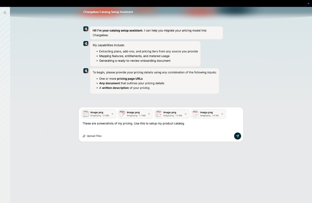 Catalog Setup Assistant chat with uploaded pricing screenshots ready to send