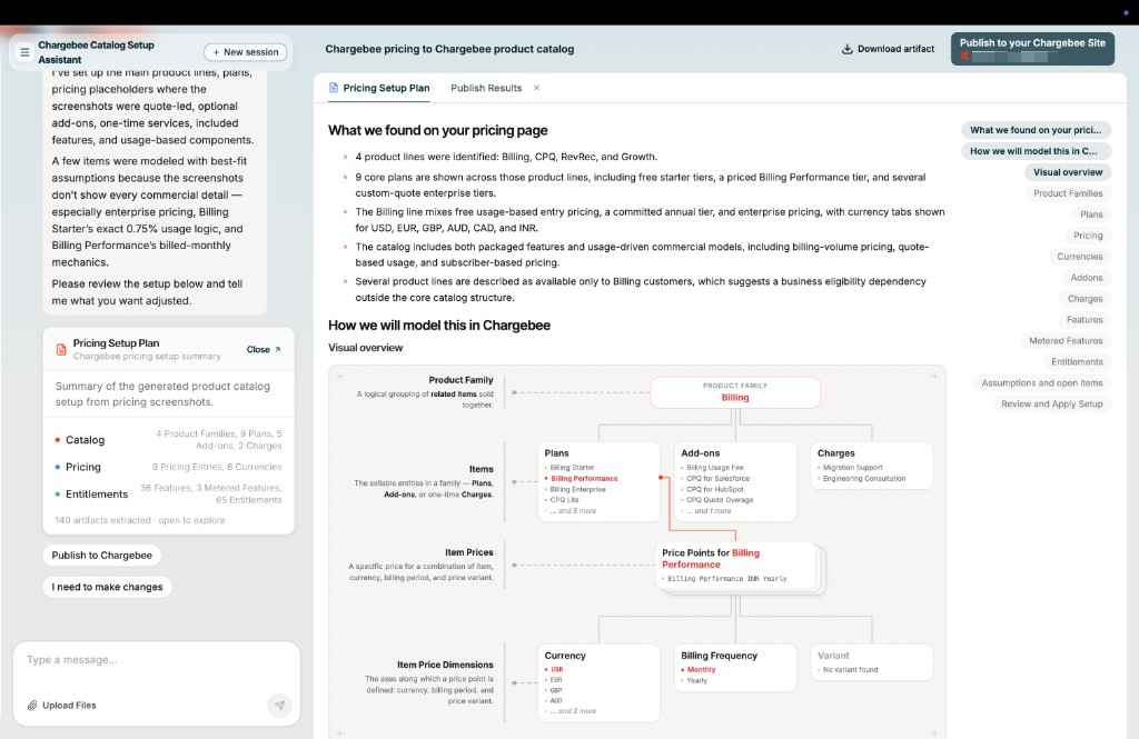 Catalog Setup Assistant with chat on the left and Pricing Setup Plan workspace on the right
