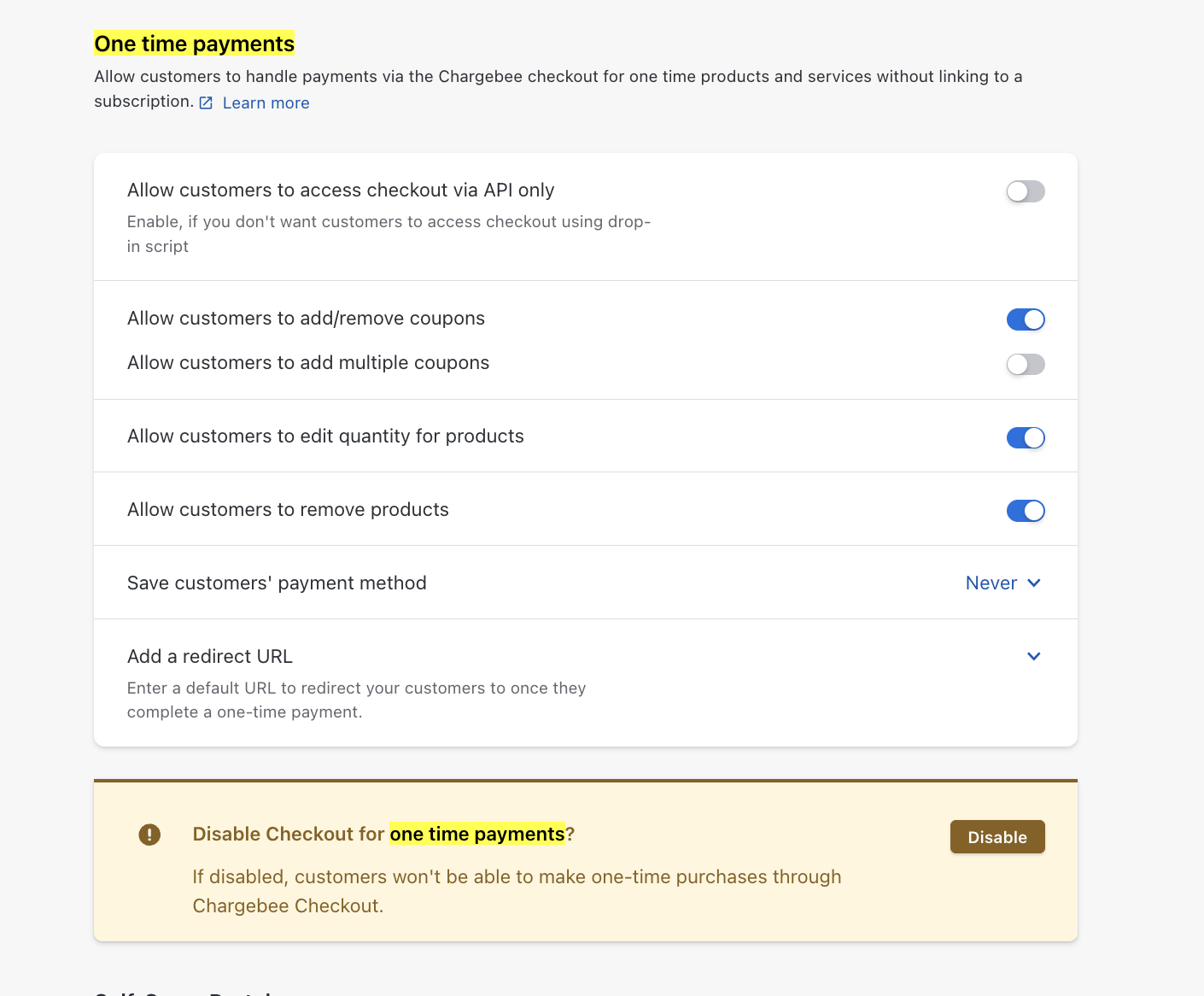One time payments settings after Enable