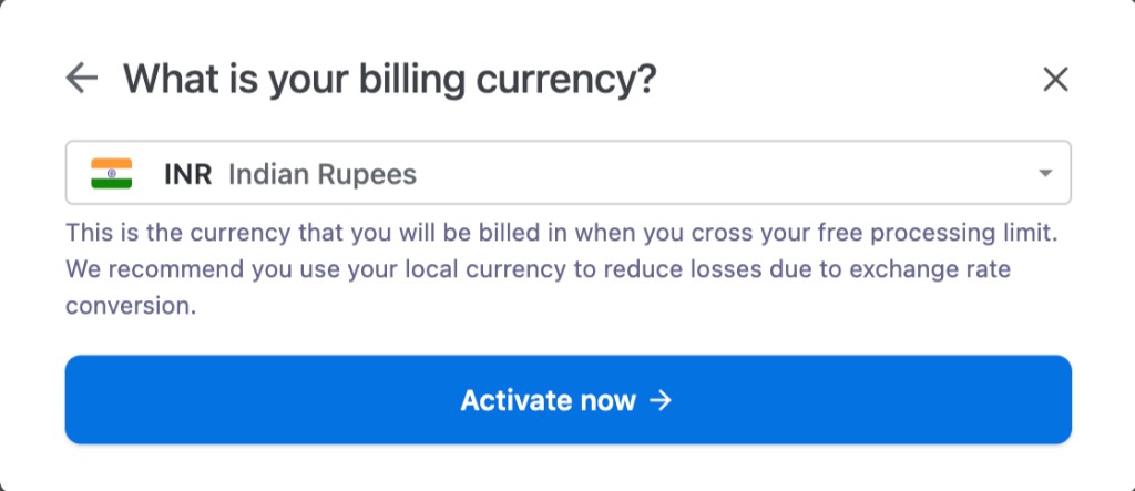 Billing currency selection with the Activate now button