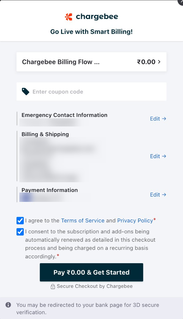 Checkout summary listing contact, billing, and payment details before payment