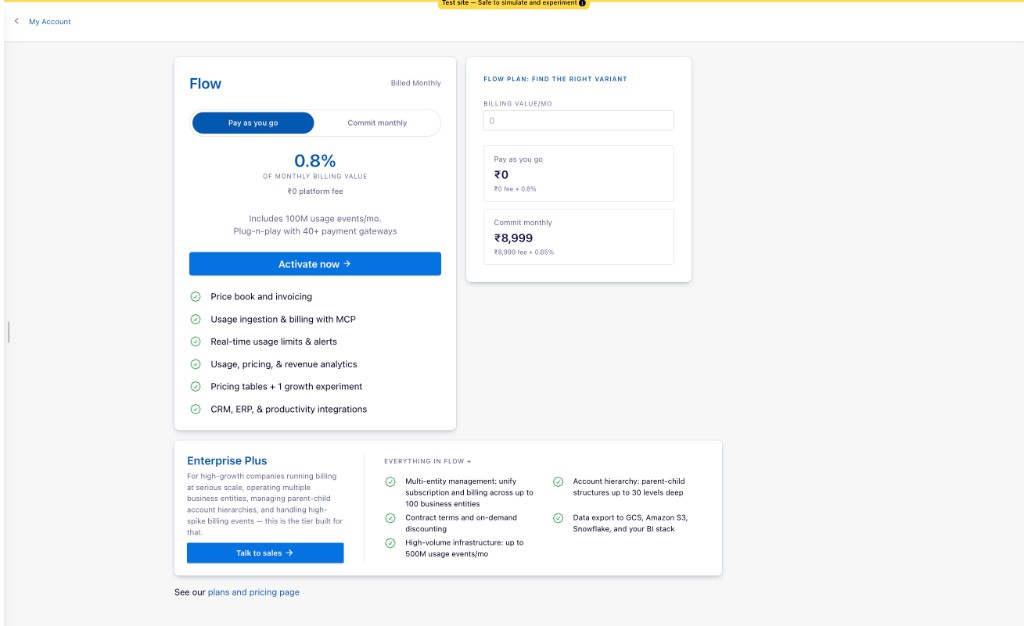 Plan selection page showing the Flow and Enterprise Plus plans