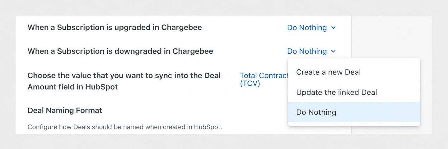 Downgrade preference dropdown open, showing Create a new Deal, Update the linked Deal, and Do Nothing