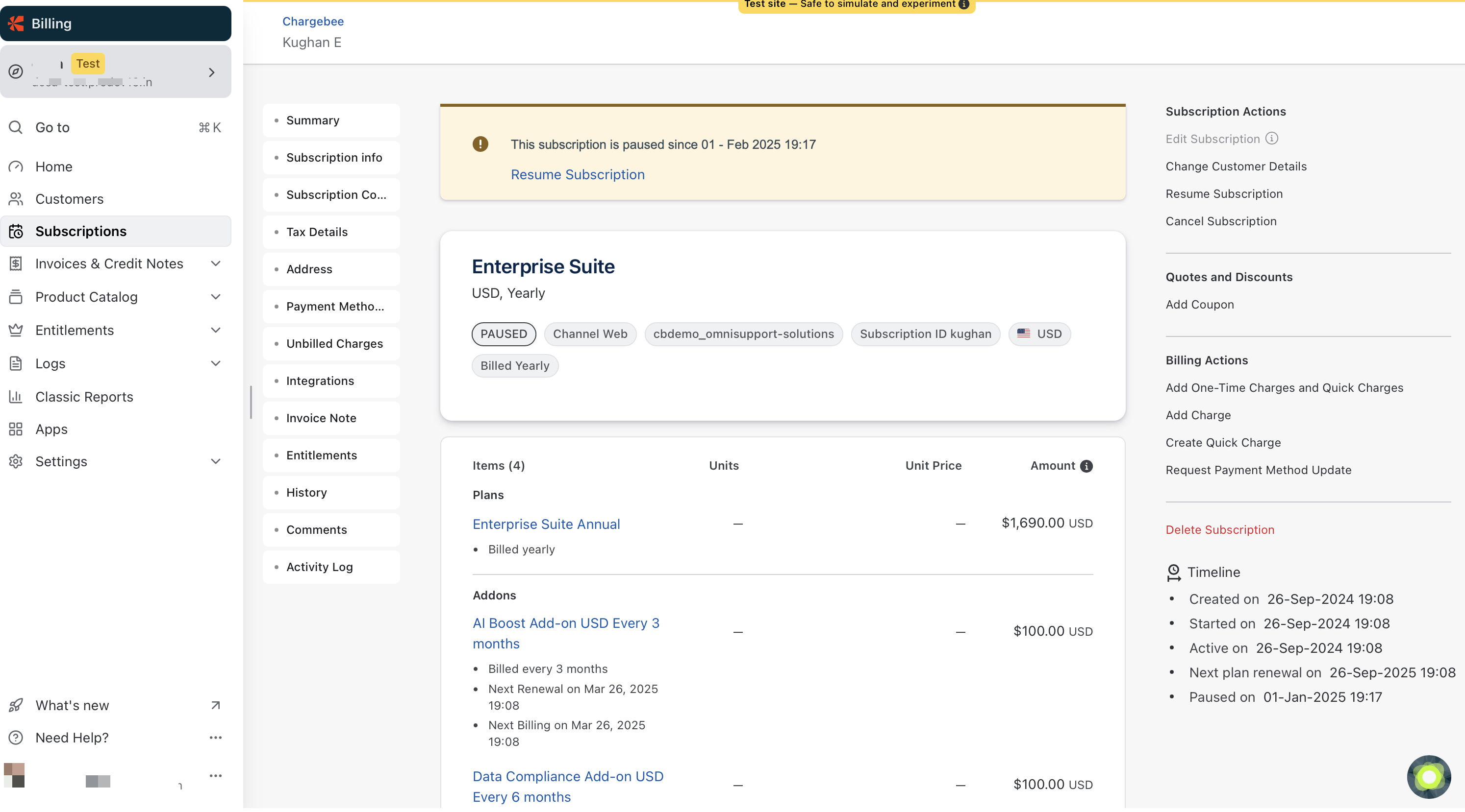 Subscription details showing billing schedules and addons