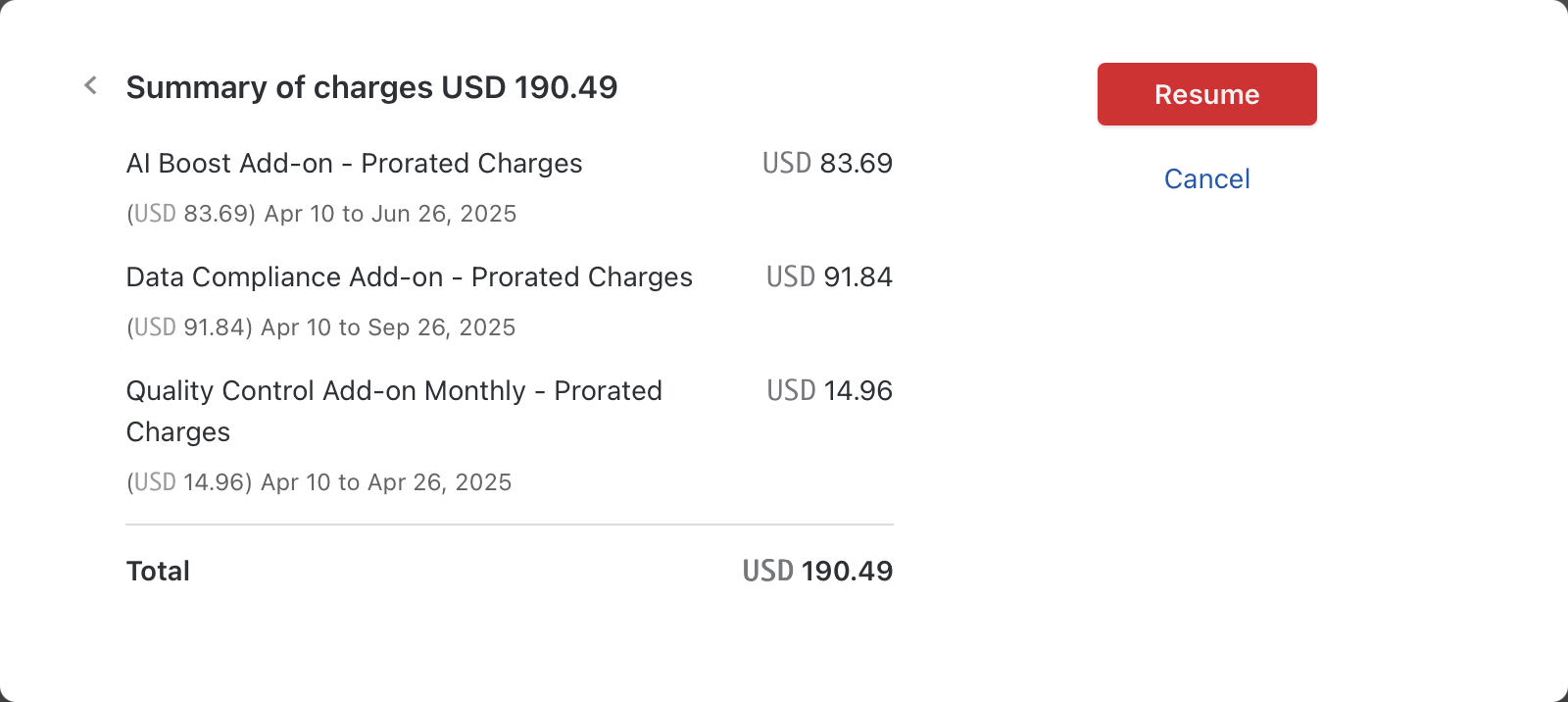 Charges for multiple addons with different billing outcomes